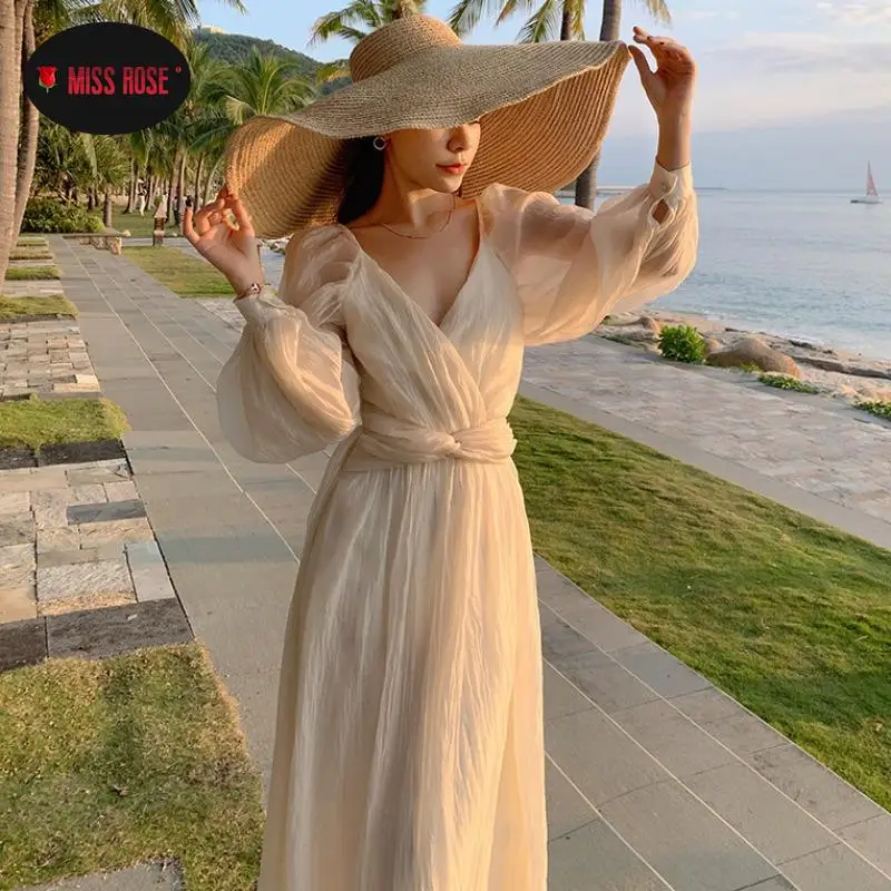 

Long Puff Sleeve N Nevk Chiffon Dress Women Beach Holiday Vacation Honeymoon Pleated Dresses Bohemian Casual Date Dinner Vestido