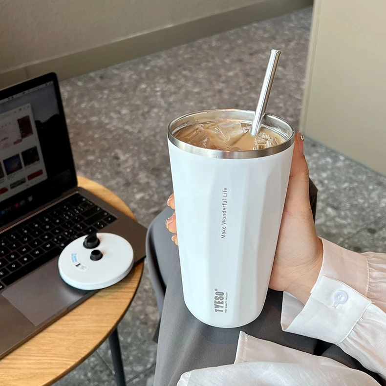 600Ml Insulated Coffee Cup With Straw Stainless Steel Iced Coffee Mug Tea Cold Drink Bottle Diamond Shaped Thermos Mug Tumbler 25 600Ml Insulated Coffee Cup With Straw Stainless Steel Iced Coffee Mug Tea Cold Drink Bottle Diamond Shaped Thermos Mug Tumbler