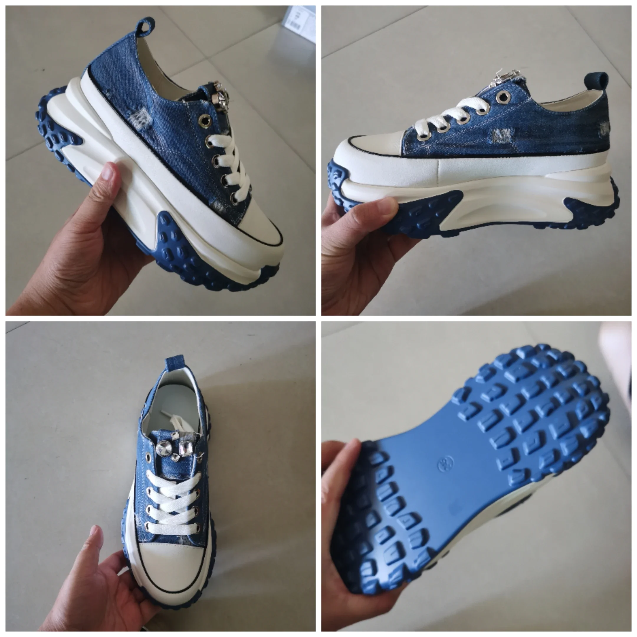 Fujin 6cm Denim vera pelle piattaforma zeppa scarpe Chunky
