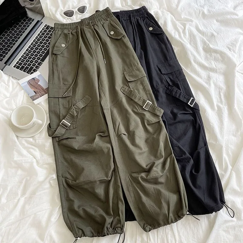 Deeptown Harajuku Cargo Parachute Green Pants Women Vintage Streetwear Pockets Sweatpants Casual Autumn Trousers Hip Hop Retro