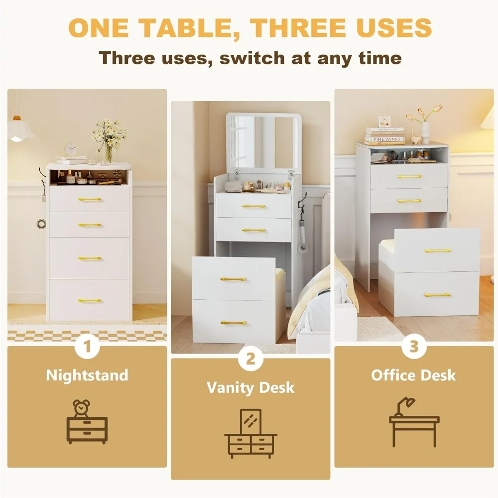3-in-1 Vanity Desk with Flip Top Mirror, Makeup Vanity Table with Cushioned Stool for Small Space, Compact Dressing Table 2