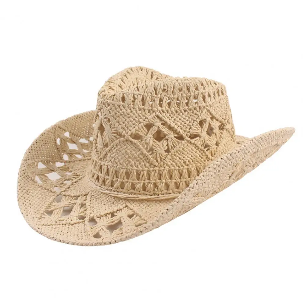 

Cowboy Hat Classic Vintage Hollow Out Unisex Curled Edge Wide Brim Men Sun Hat Fishing Hat Handmade Cowboy Straw Hat Women Men