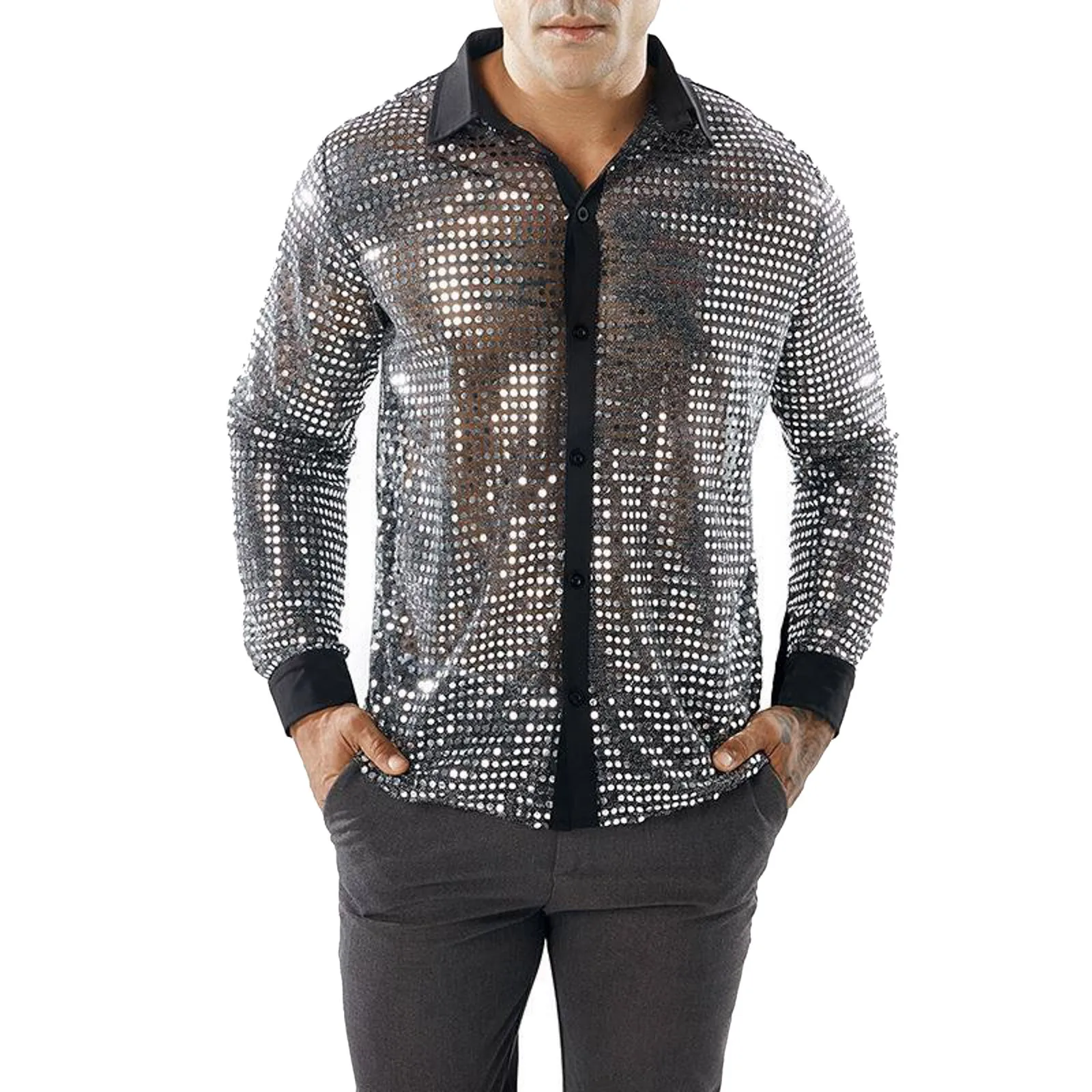 Mens Long Sleeved Performance Wear Sequin Shirt Long Sleeved Lapel 70s Disco Party Wear Trend Long Sleeved Harajuku Streetwear 2