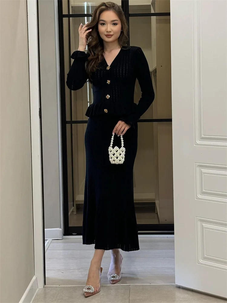 Autumn Knit 2 Piece-Set Long Skirt For Women V-Neck Ruffled Ribbed Elegant Party Looks Outfits Female Knitwear Slim Sets