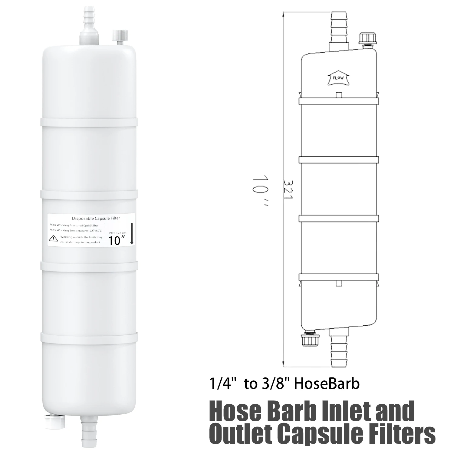Sterile PTFE/PES Capsule Filters with Hose Barb for 1/4" to 3/8" Tube, Pore Size 0.22um , Individual Packag,1/pk