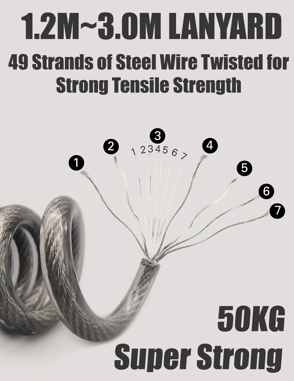 Description Picture 6 of itemLureholic Strengthen Lure Fishing Lanyard 49 Strands of Steel Wire Twisted Retention Rope Strong with 316SS Carabiners