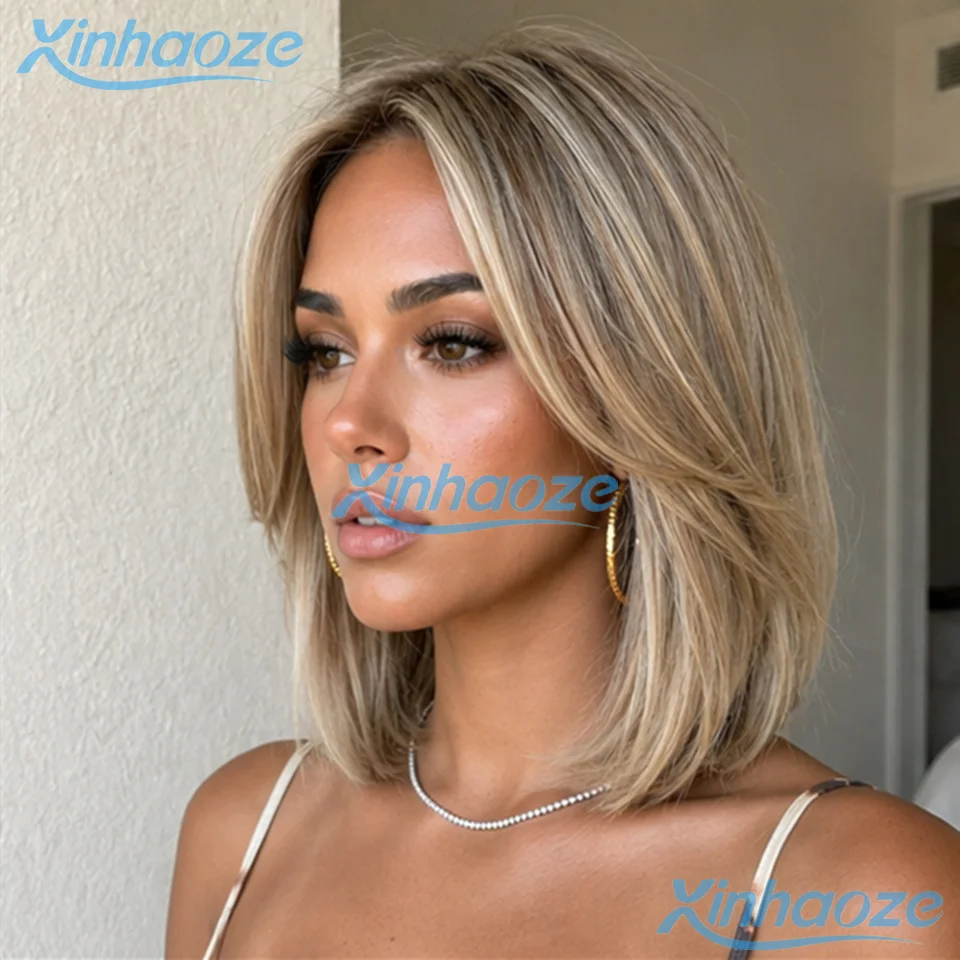 Parrucche corte bob in capelli umani con mèches biondo cenere # Parrucche Bob Corte 613 con Frontale in Pizzo 13x4, Pre-Piumate, Densità 180% - immagine 2