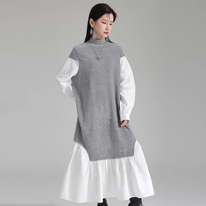 

SuperAen 2023 Korean Loose Dress Autumn/Winter Irregular Contrast Color Fake Two Piece Shirt Dress