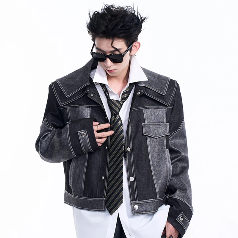 FEWQ Splicing Short Shoulder Padded Denim Men's Jacket Autumn Winter Double Collar Design 2024 Patchwork Male Tops 2