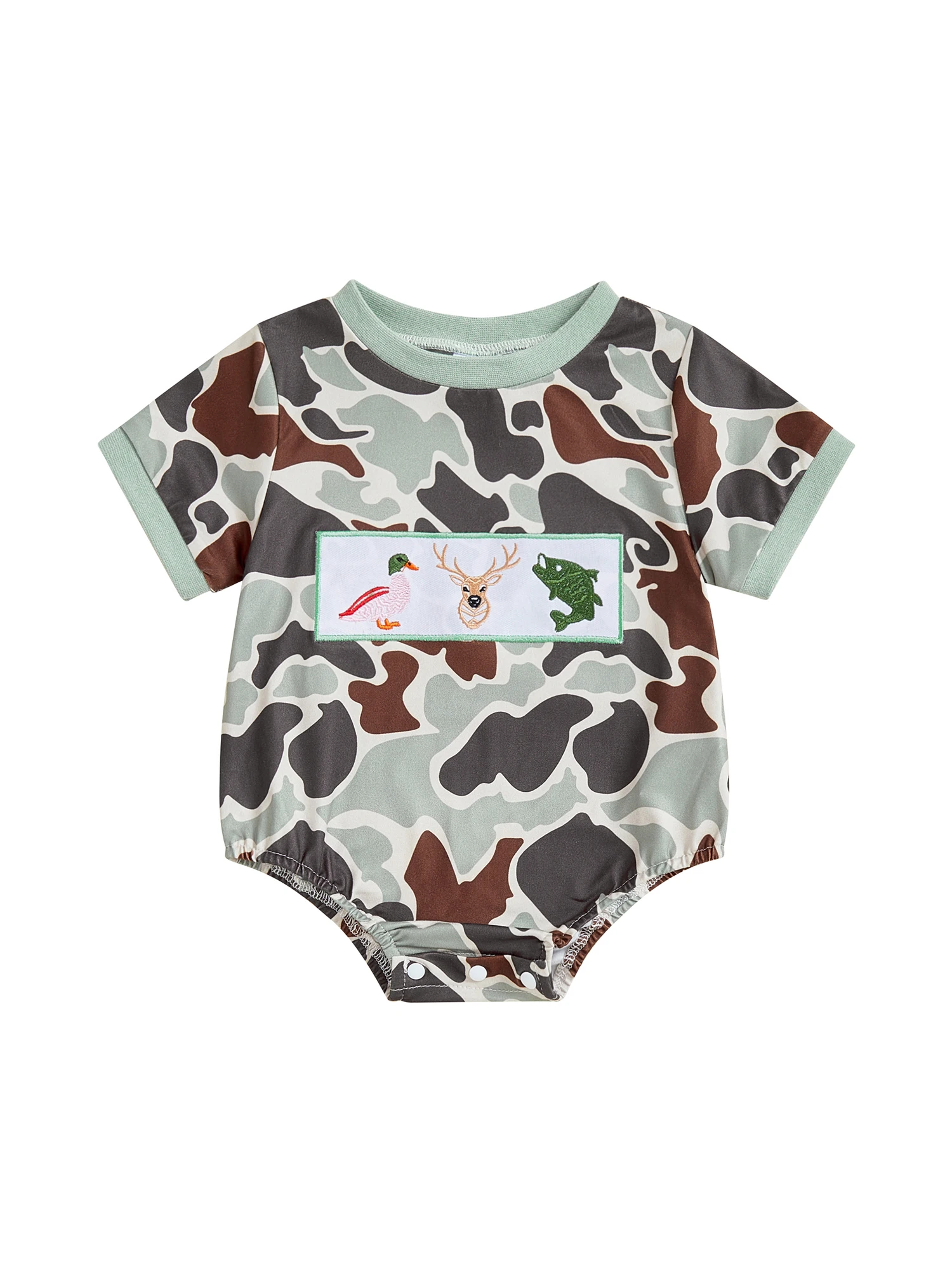 Infant Camo Print Romper with Cute Animal Embroidery Short Sleeves and Round Neckline for Summer Fun Jumpsuits