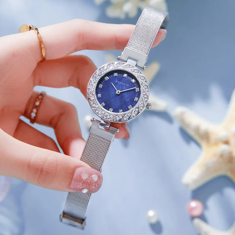 

Fashion Diamond Ladies Watch Romantic Female Student Lover College Hand Clock Luxury Blue Mesh Strap Trendy Women's Wristwatch