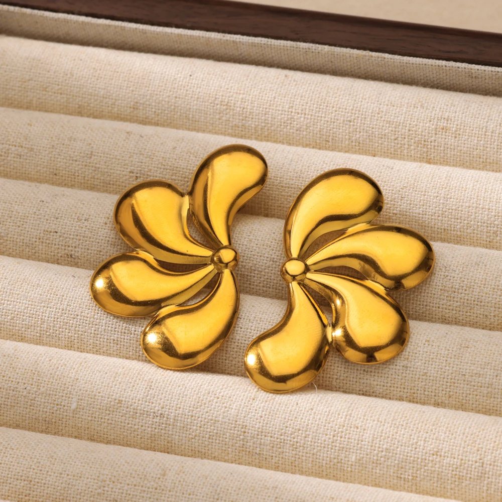 Luxury Stainless Steel Flower Earrings Gold Color Bold Artistic Design
