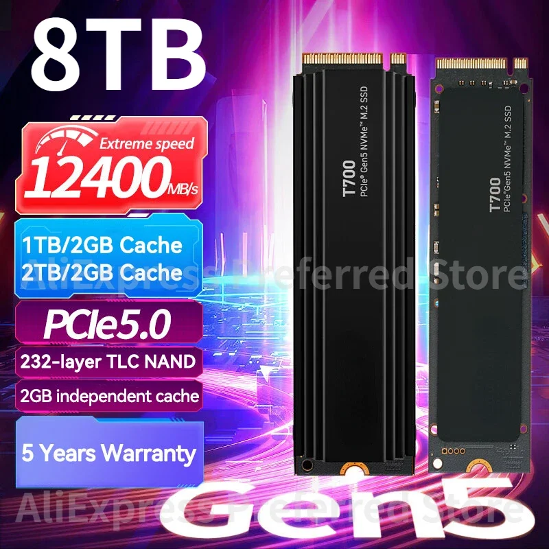 

T700 1TB 2TB 4TB Gen5 NVMe M.2 SSD-Up to 12400 MB/s - Direct Storage Enabled-Gaming Photography Video Editing & Design for PS5