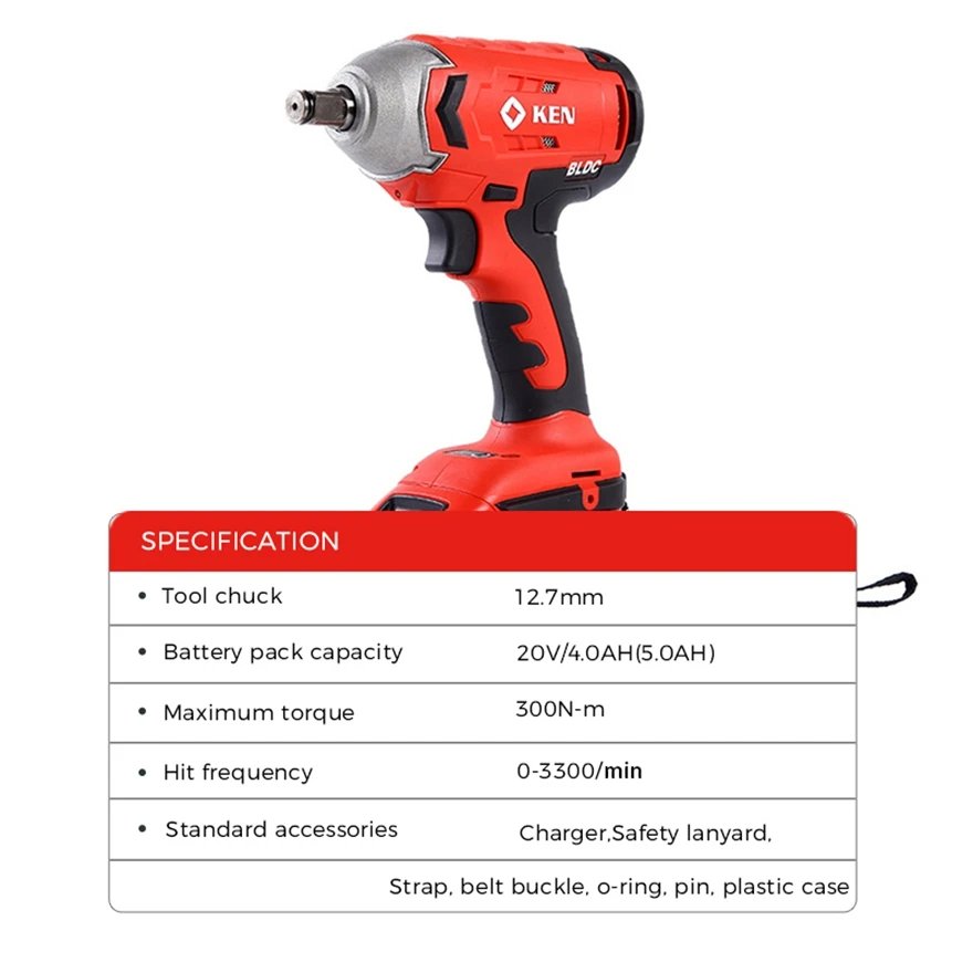 

KEN 20V/4.0Ah 300Nm Li-ion Battery Rechargeable Brushless Cordless Electric Impact Wrench