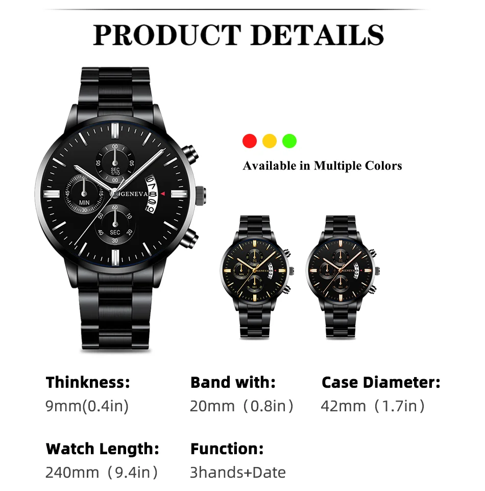 3PCS Set Mens Fashion Wing Bracelet Hexagonal Column Pendant Necklace Watches Men Business Stainless Steel Calendar Quartz Watch