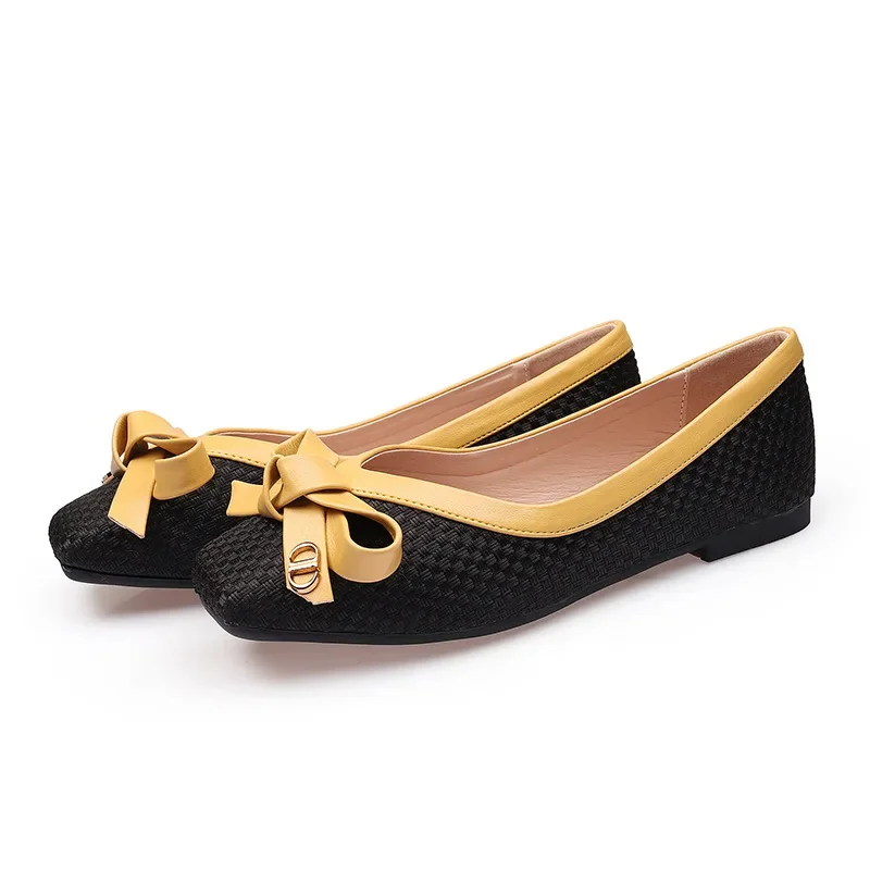 Women's Shoes Spring and Summer 2025 New Fashion Woven Bow Square Toe Flat Shoes Soft Soles Large Casual Ballet Shoes 5