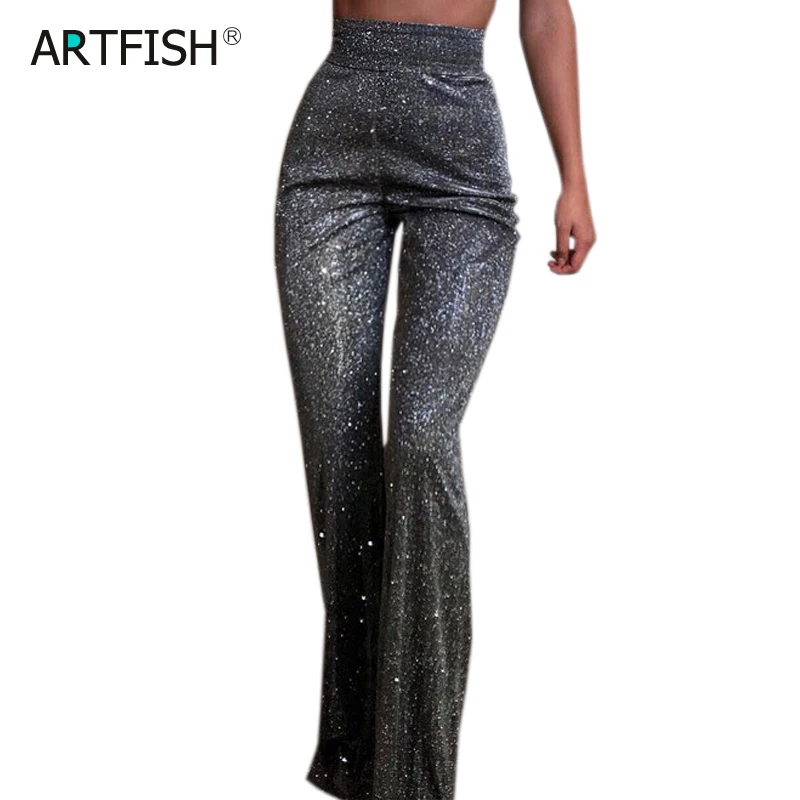 

Sexy Glitter Shiny Pants Party Women Flare Pants High Waist Reflective Wide Leg Pants Zipper Silver Long Trousers Mujer