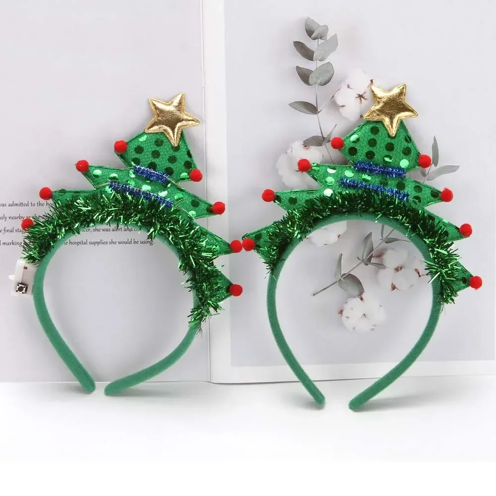 Adult Kids Blinking Green Tree Headbands LED Light Up Star Snowflake Hair Band Gift New Year Decoration Wedding Festival