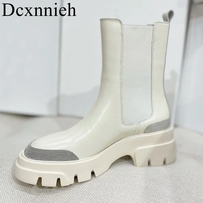 

Women Square Heel Short Boots Genuine Leather Mid tube Boots Chain Decoration Casual Boots New Spring and Autumn Versatile Shoes