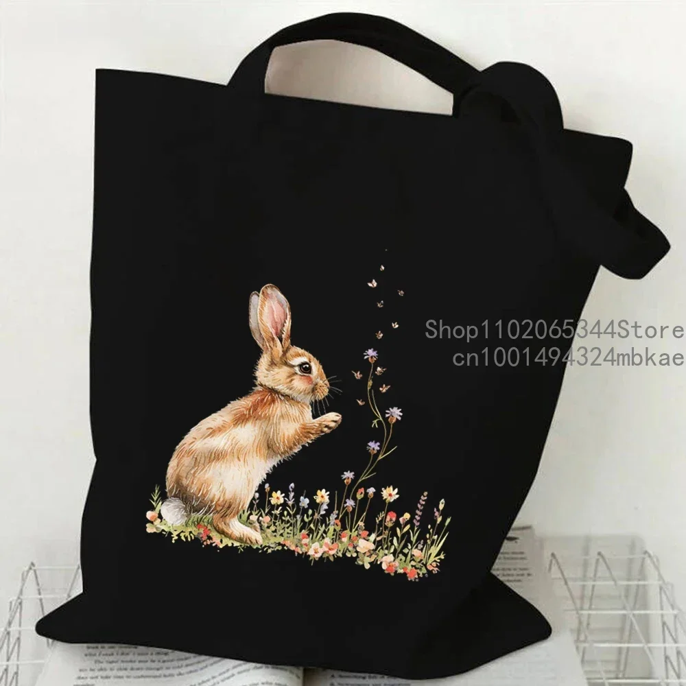 Floral Bunny Watercolor Canvas Tote Bag - Women's Casual Handbag