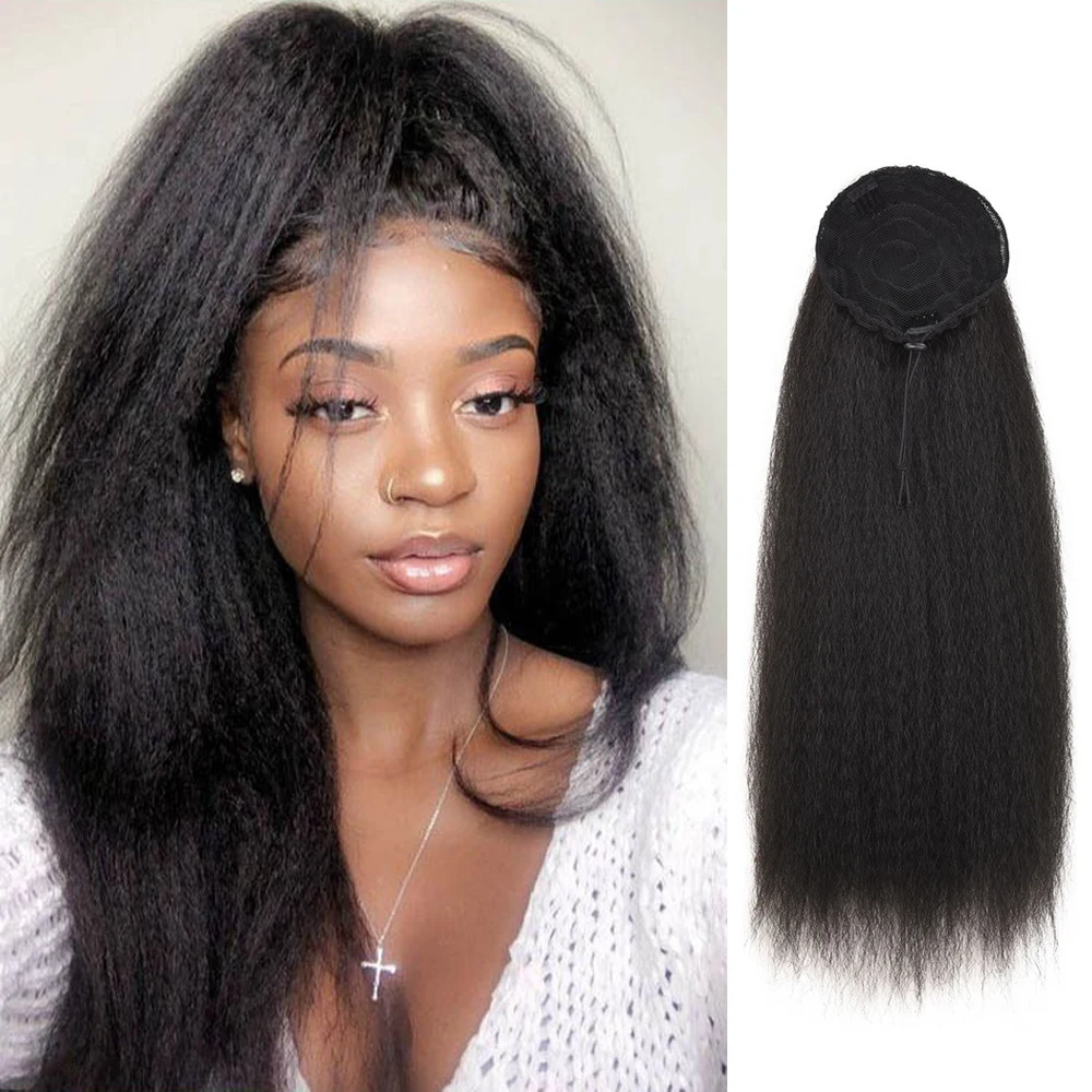 

22Inch Long Ponytail Extension Yaki Straight Drawstring Ponytail Black Blonde Synthetic Hairpiece Clip In Hair Extensions