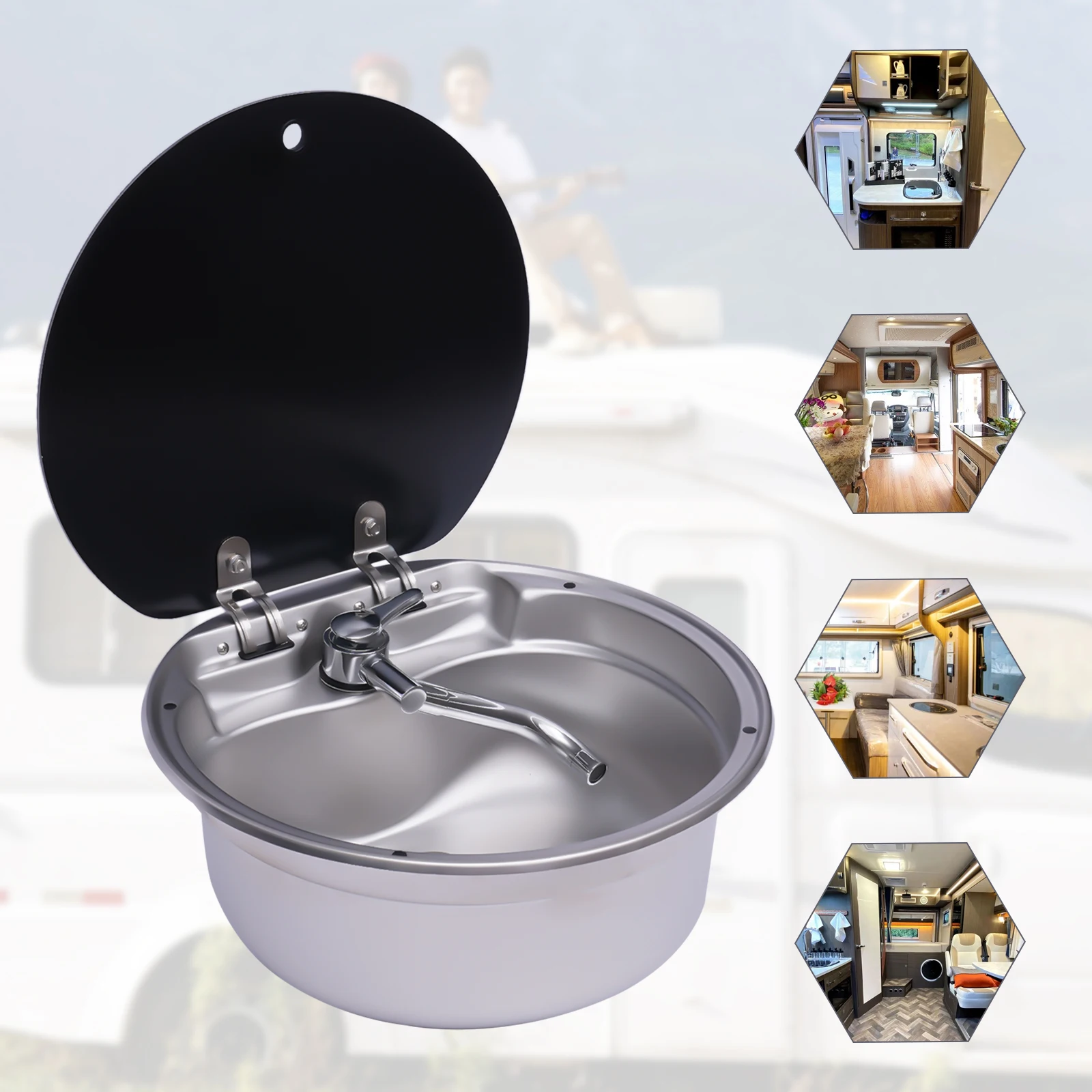 RV Hand Wash Basin Kitchen Sink w/ Lid & Tap Caravan Camper Boat Stainless Steel golden stainless steel kitchen sink double waterfall sink digital display embossed large single slot multi functional wash basin