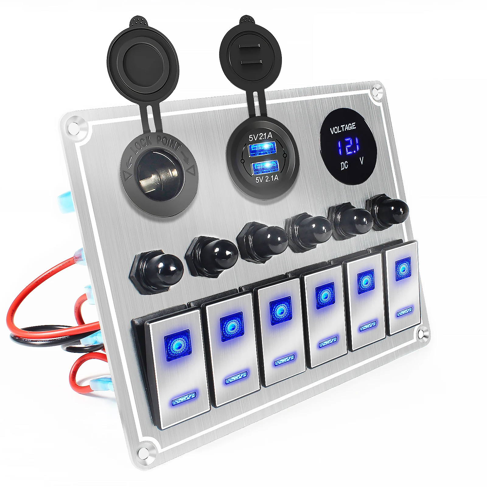 

AD New 12V Metal 6 Group Button Rocker Toggle Switch Panel USB Control with Circuit Breaker For Car Truck Boat Boat Camper