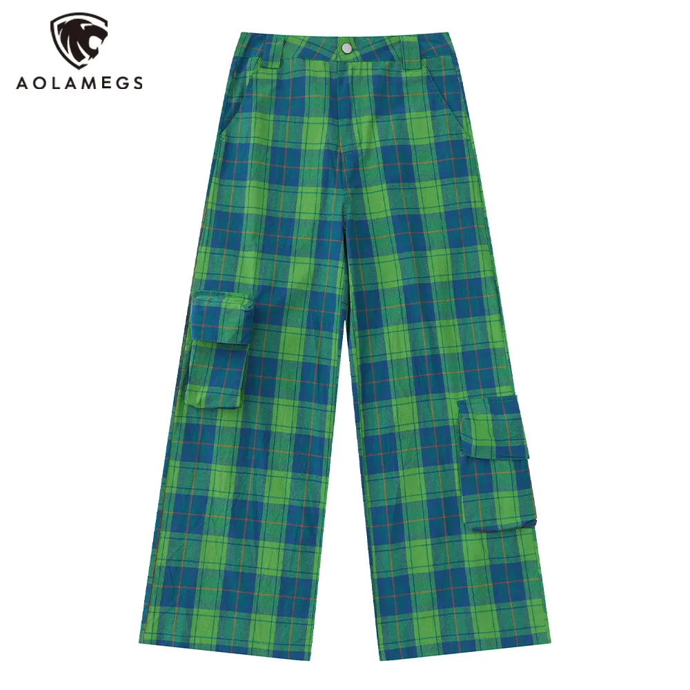 

Aolamegs Men's Casual Straight Pants Oversized Plaid Button Trousers Multi-pocket High Street Summer Hip Hop Fashion Streetwear
