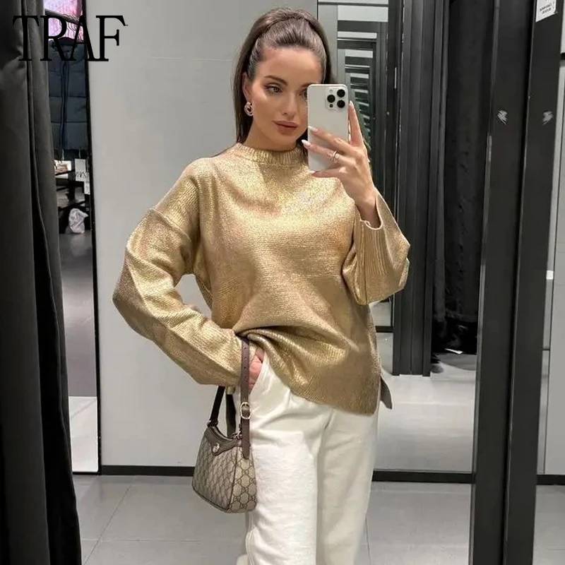 

TRAF 2023 Metallic Oversized Sweater Women Gold Glitter Knitted Sweater Woman Autumn Pullovers Long Sleeve Sweaters for Women