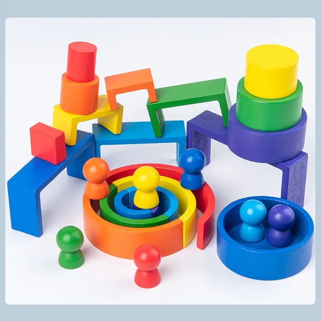 New Wooden Building Blocks Toy DIY Assembled Rainbow Set Kids Montessori Early Stacked Balance Educational Children Toys 2