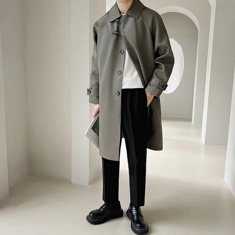 Men Japanese Korean Fashion Loose Casual Mid Length Vintage Trench Coat Male Long Windbreak Jacket Outerwear Trenchcoat