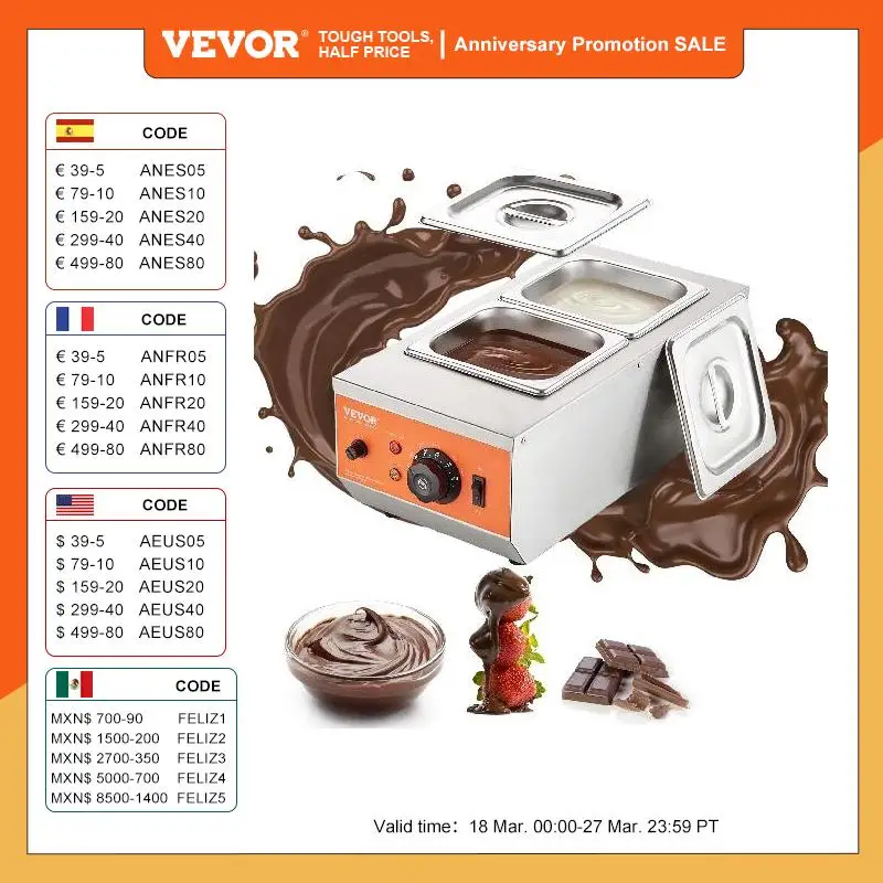 VEVOR 2 3 Tanks Electric Chocolate Tempering Machine Chocolate cascade Melting Pot for Kitchen home appliance