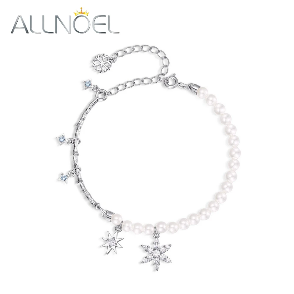 

ALLNOEL 925 Sterling Sliver Bracelet For Women 4-4.5mm Shell Pearl Texture Fine Jewelry Snowflake Merry Christmas Party Gifts