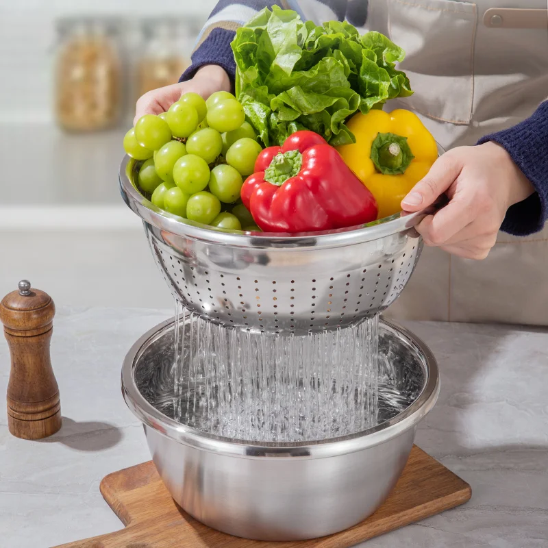 3-Piece Stainless Steel Multifunctional Strainer and Mixing Bowl for Washing and Slicing Fruits Vegetables Essential for Kitchen