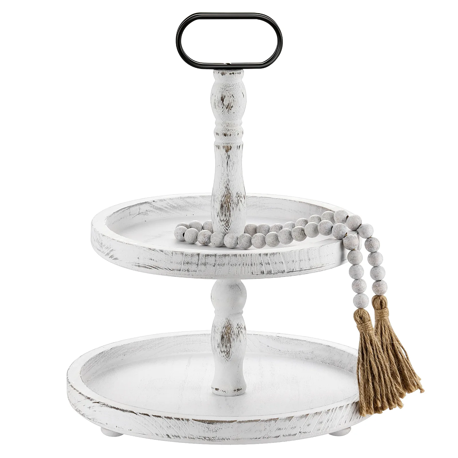 

2 Tiered Tray,Farmhouse Two Tier Tray Stand Decor Round Serving Tray with Wood Bead Garland,Farmhouse Vintage Tray Countertop