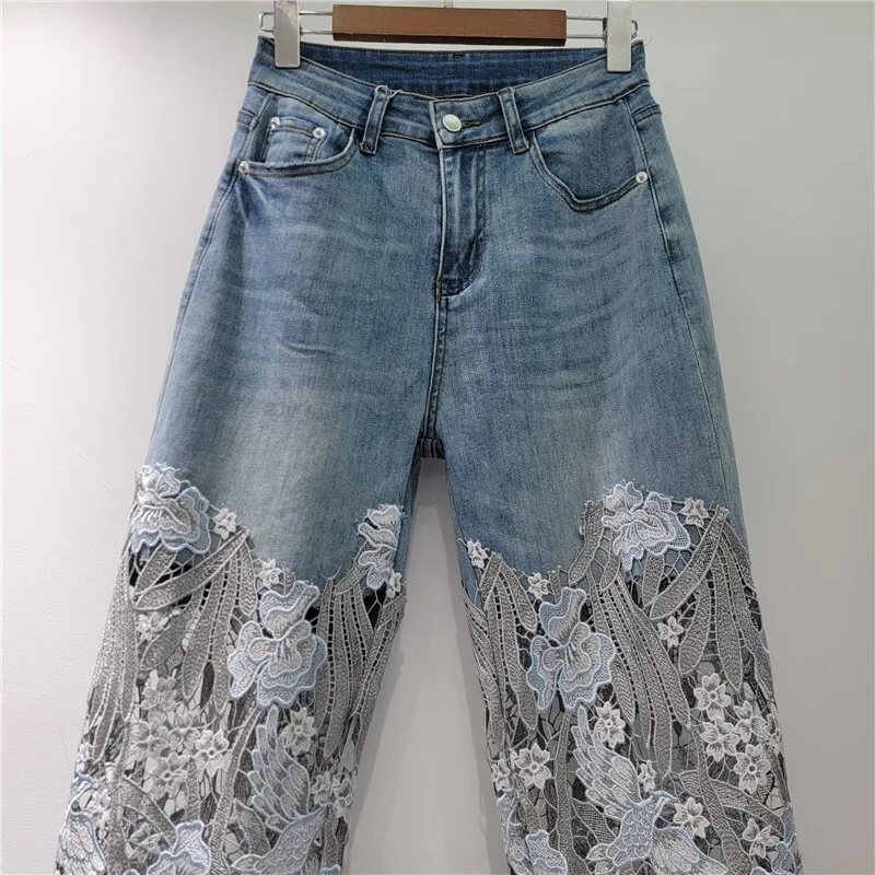 DEAT Women's Jeans High Waist Embroidery Lace Hollow Out