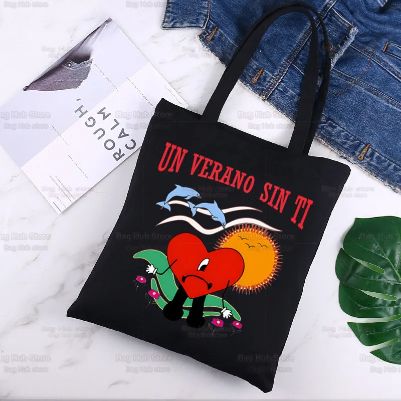 

Bad Bunny Shopper Bag Canvas Tote Shoulder Bags UN VERANO SIN TI Music Album Shopping Bag Black Cloth Handbags Eco