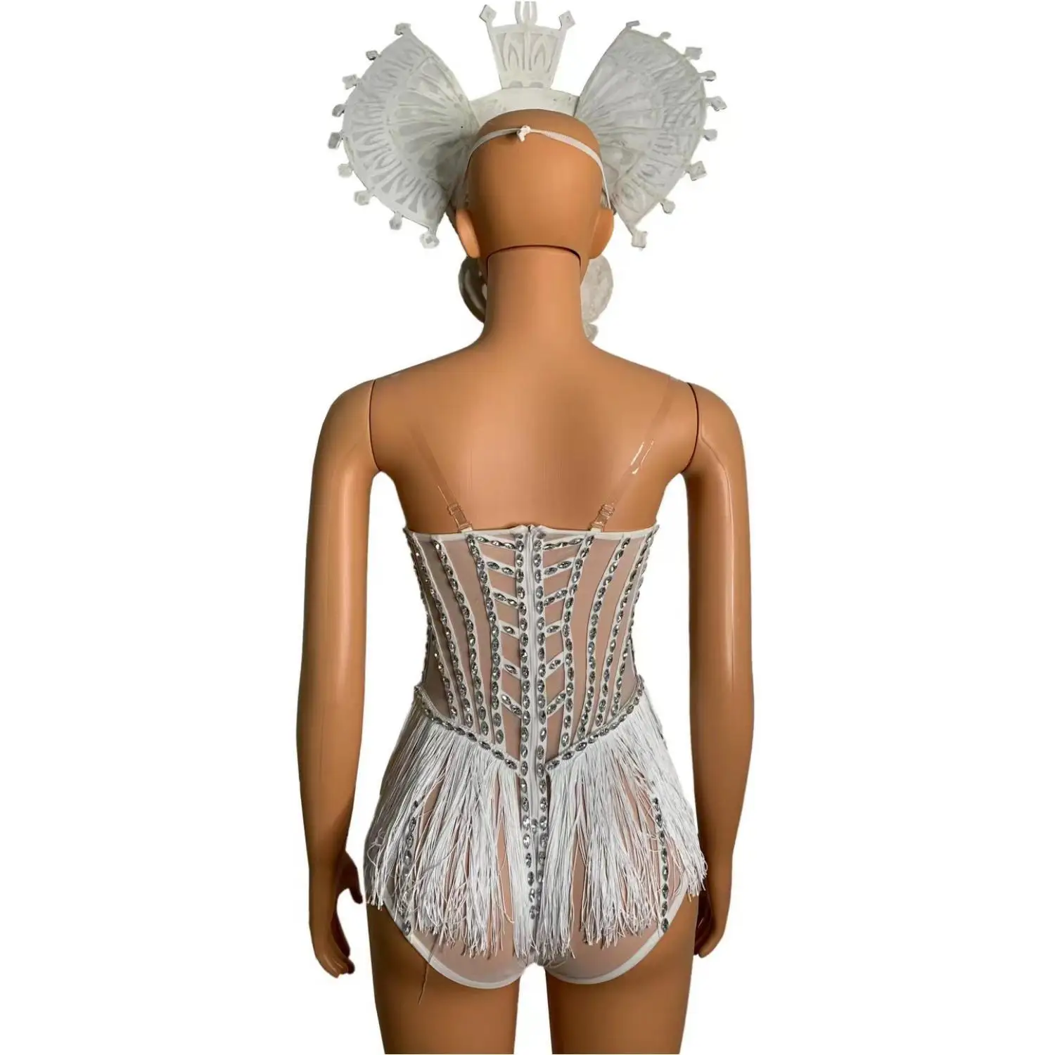 Luxury Fashion Headwear Bra  Diamond Transparent Tassel Jumpsuit Party Nightclub Cosplay Costume Performance Clothing Tieshan