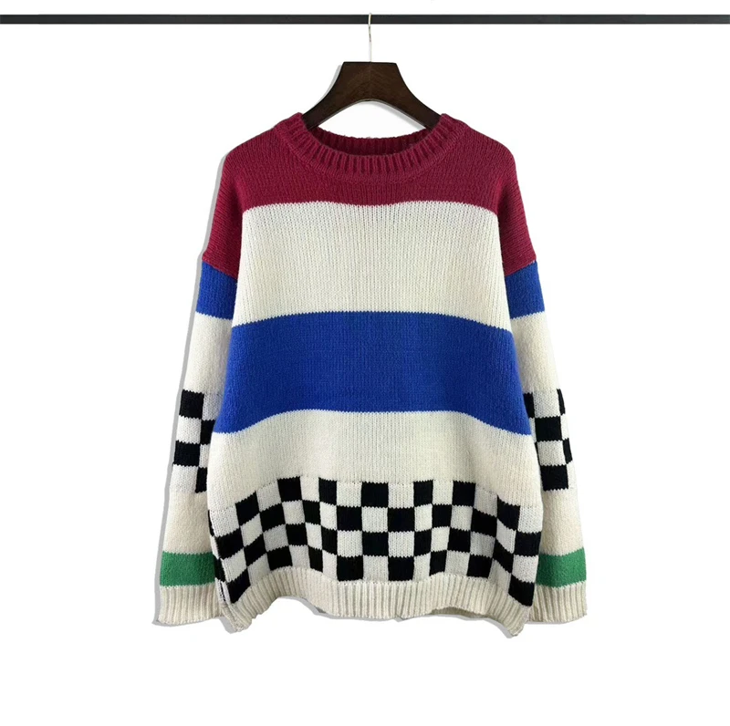 

2023fw Striped Rhude SweaterMen Women Patchwork Checkerboard Srid Sweatshirts y2k