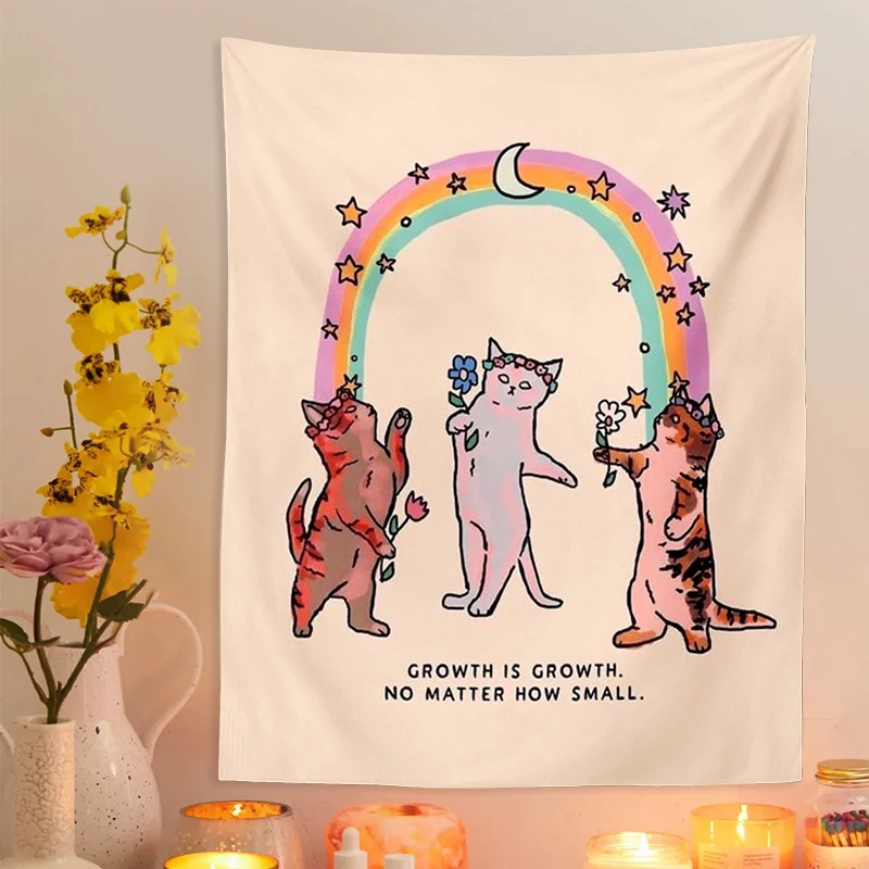 Tapestry Decorations Cute Cat Tapestry sunshine rainbow Wall Hanging Cartoon Cat Bohemian Decoration Home for Living Room Kids Room Bedroom Wall Art