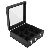 Wooden 9 Grids Tea Box Tea Bags Container Storage Box Square Box Case Transparent Top Lid Jewelry Storage Box-Black 1