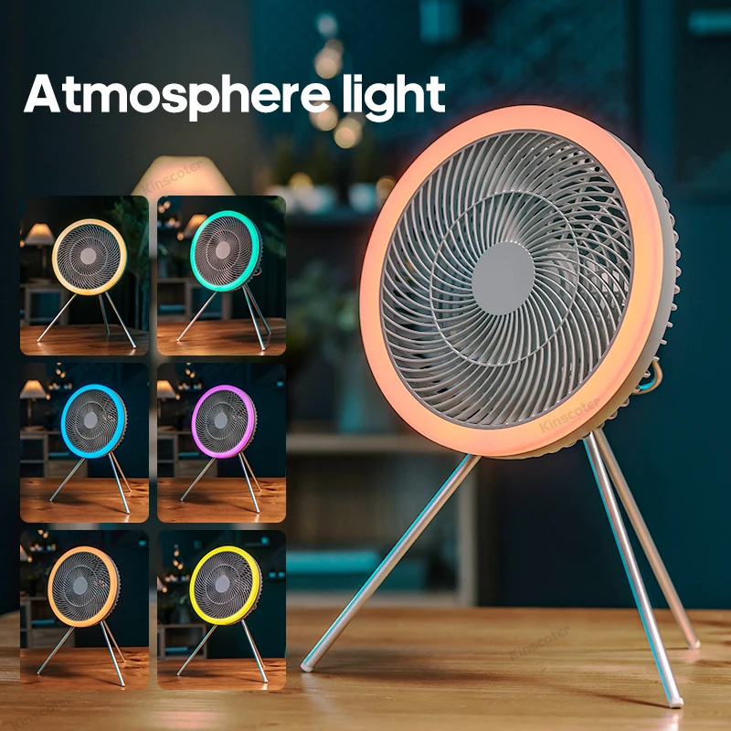 New 10000mA Large Size Outdoor Camping Fan High Wind Power Silent Circulator Fan with Remote Control Ambient Light Charge Output 5