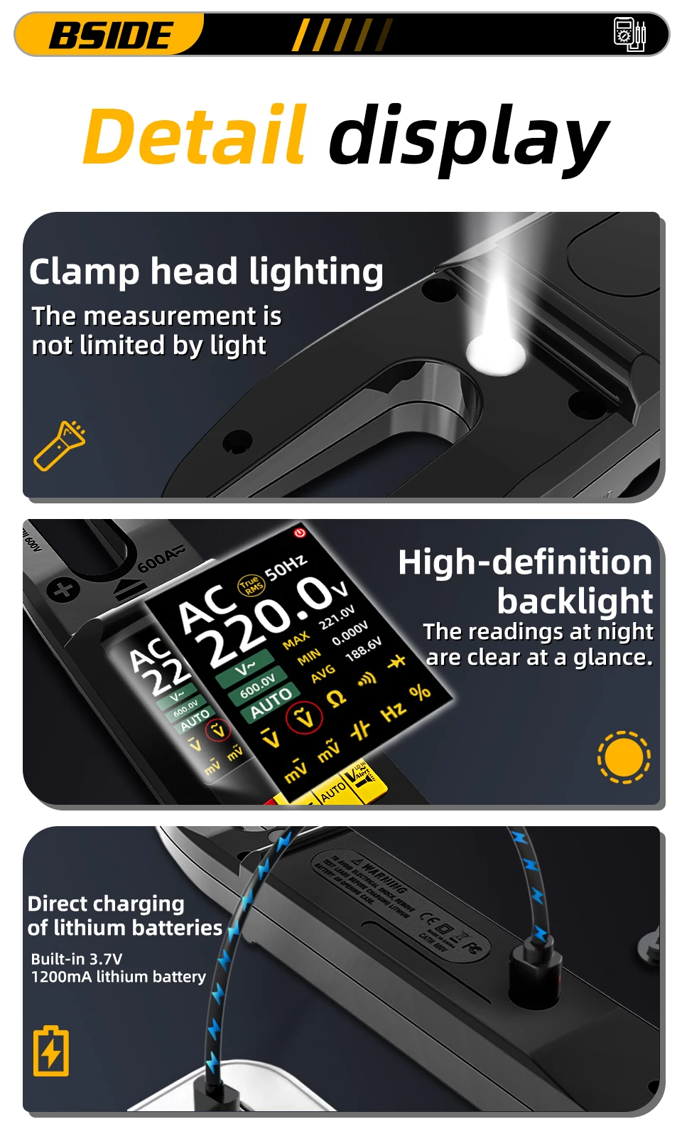 U5 Clamp Meter Open-Jaw DC AC 600A Smart TRMS Digital Multimeter Amp Capa Diode