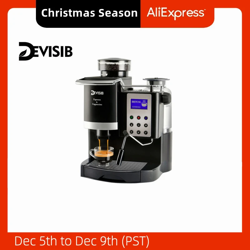 DEVISIB Professional All-in-One Espresso Coffee Machine Americano Maker  with Bean Grinder and Milk Frother