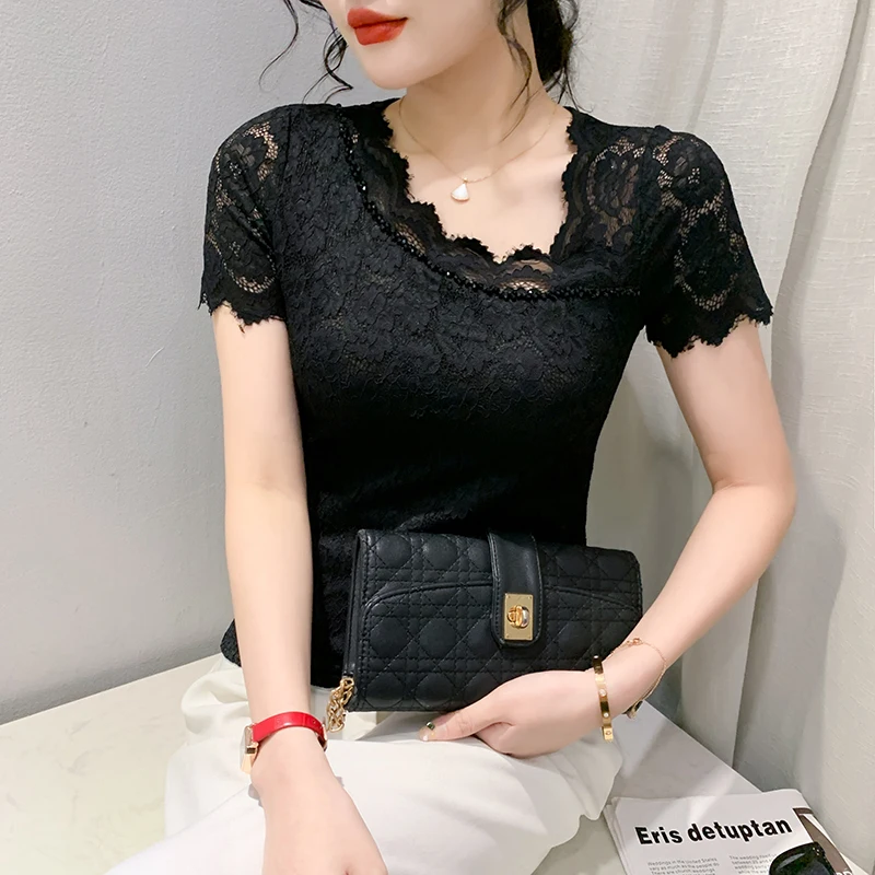 

2023 New Summer Korean Clothes Lace T-Shirt Chic Sexy Hollow Out Skew Collar Beading Women Short Sleeve Tops Pullover Tees 32342