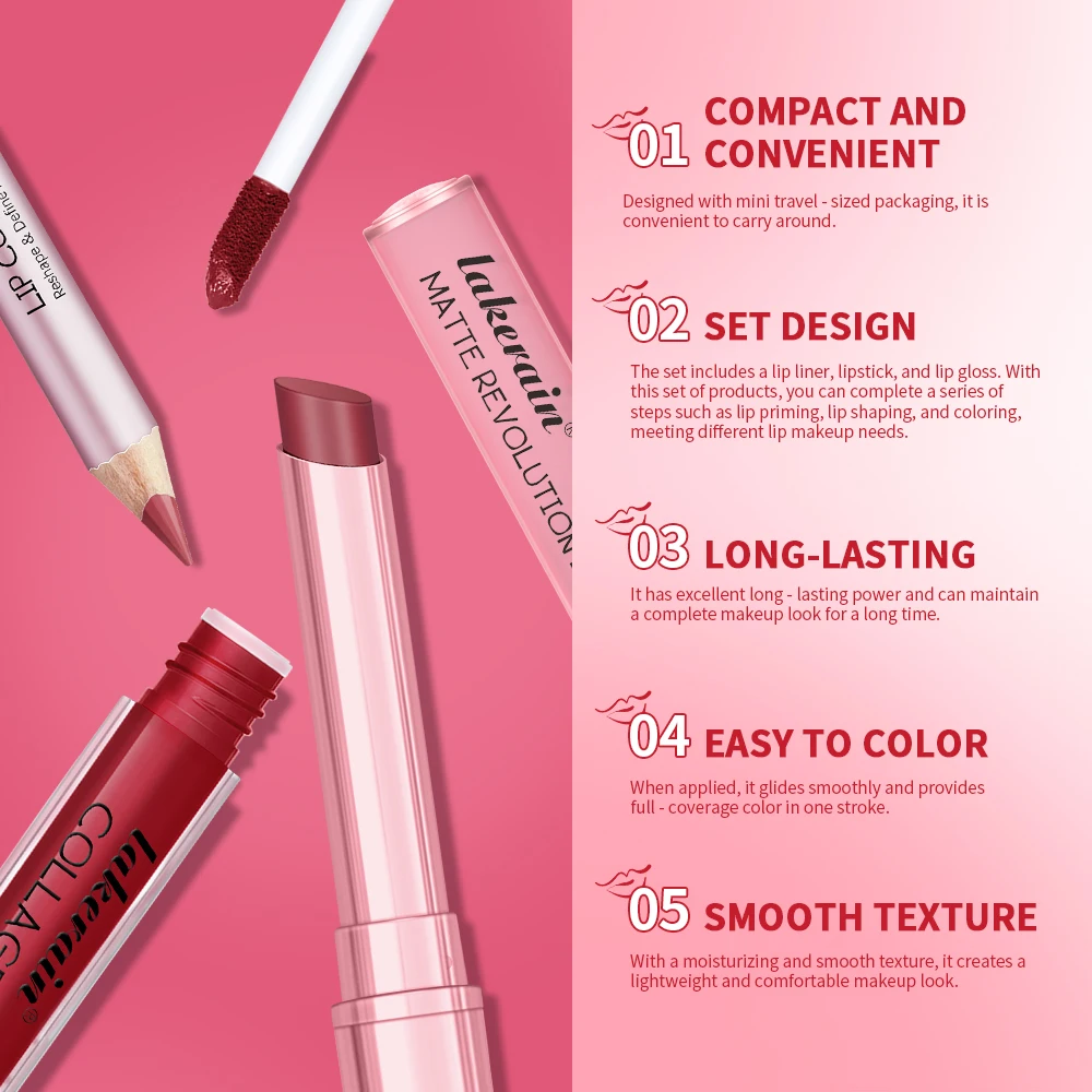 3pcs Lip Makeup Set Lip Liner Lip Gloss Lipstick Mirror Effect Beep Lips High Color Long-lasting Hydrates Travel Mini Set - 4