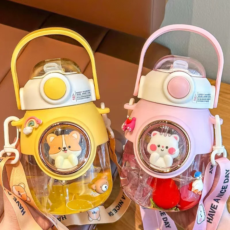Kawaii cute Kids cartoon Creative gift plastic water bottle 820ml cute animal straw water bottle for Student School Travel