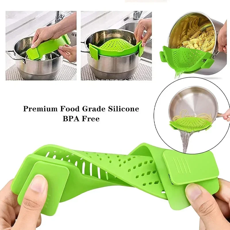 Universal Silicone Pot Edge Drainer Kitchen Clip-on Pan Pot Anti-spill Strainer Fruit Vegetable Washing Filter Noodles Colander