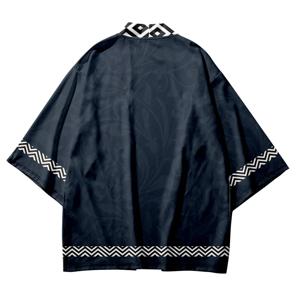 

2023 Summer Beach Geometric Print Japanese Samurai Kimono Fashion Men Women Cardigan Haori Obi Asian Clothes Oversized Tops