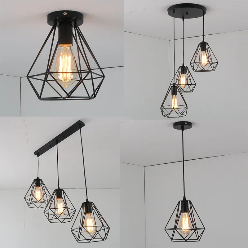 

Retro Loft Pendant Lamps Diamond Iron Cage Hanging Ceiling Lights American Kitchen Lighting Industrial Living Room Chandeliers